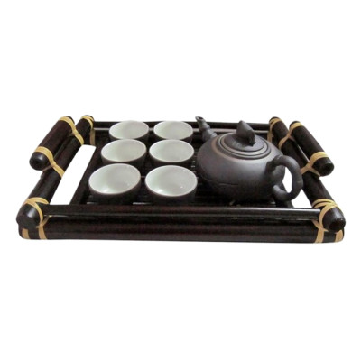 Bộ Bình Trà Đào Chỉ Bạc Khay Tre S2 Gốm Sứ Bát Tràng T569